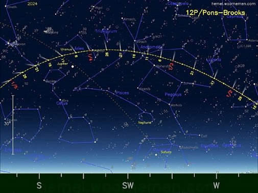 Траектория движения кометы 12Р Понса – Брукса в небе Северного полушария по датам. Источник фото: NASA / Globallookpress.com