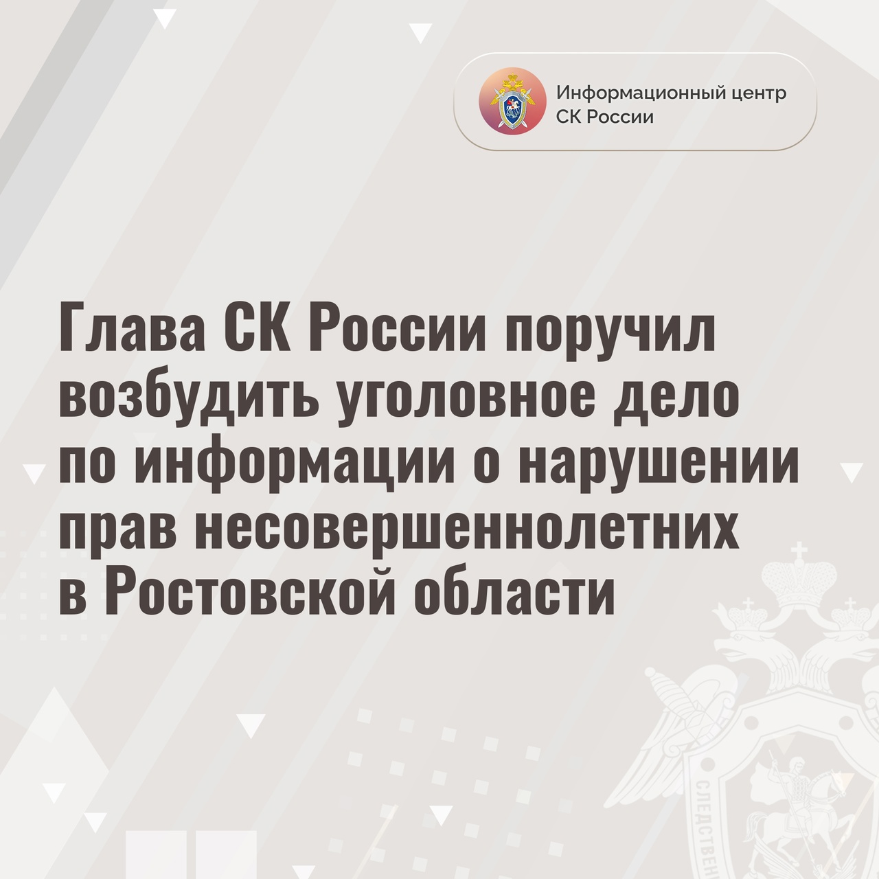 Александр Бастрыкин поручил возбудить уголовное дело по информации о нарушении прав несовершеннолетних в Ростовской области
