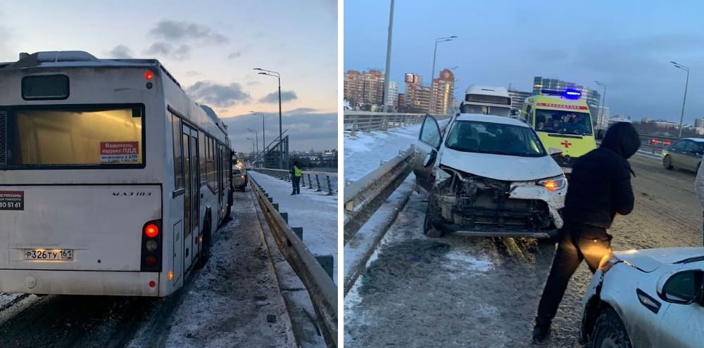 В Ростове на Ворошиловском мосту легковушка врезалась в автобус №65А